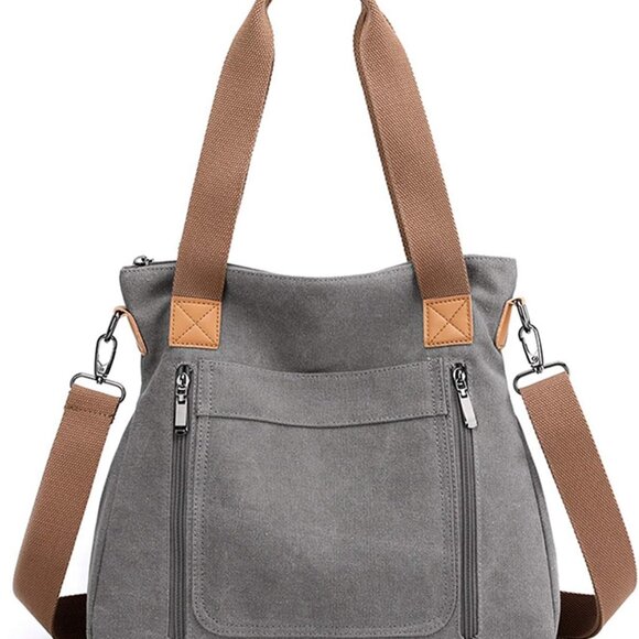 Women's Canvas Tote Bag Multi-pocket Work Shoulder Crossbody Casual - Picture 1 of 7